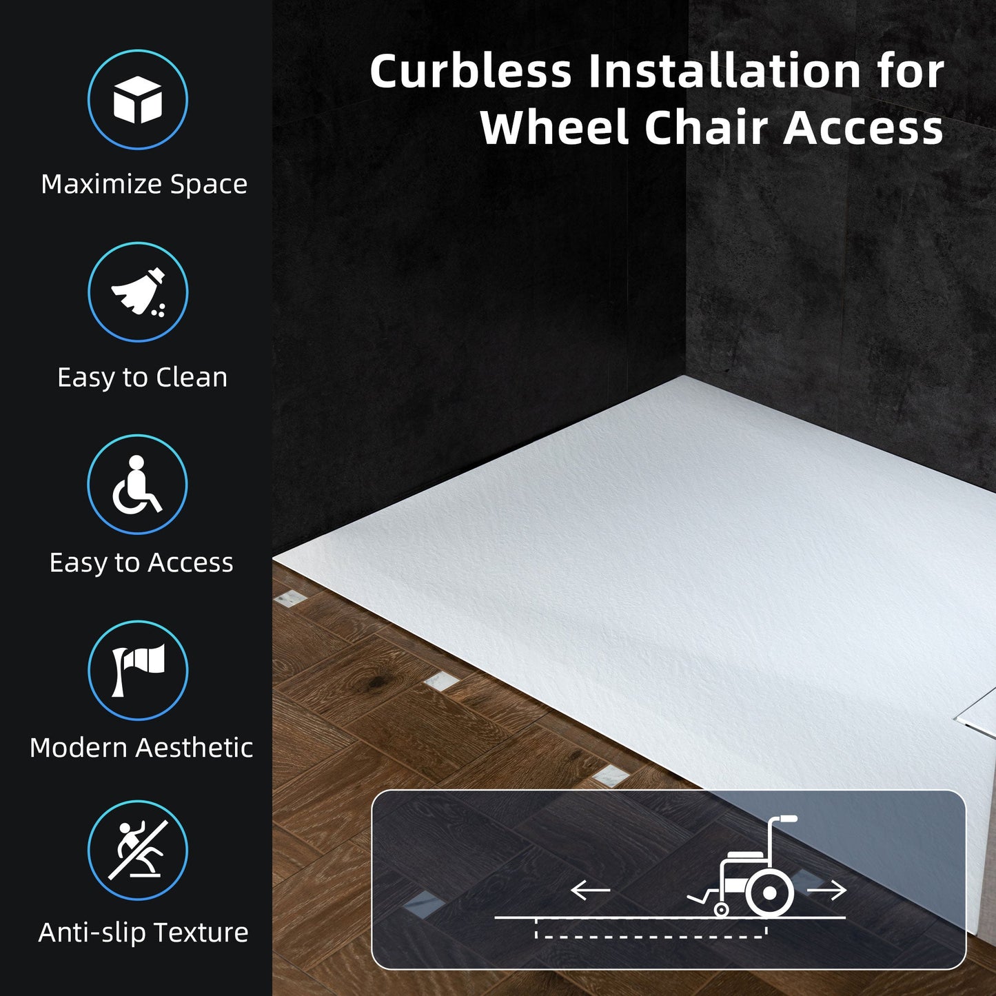 WOODBRIDGE 47.25 in L x 31.5 in W Zero Threshold End Drain Shower Base with Reversible Drain Placement, Matching Decorative Drain Plate and Tile Flange, Wheel Chair Access, Low Profile