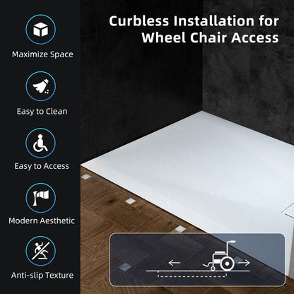 WOODBRIDGE 47.25 in L x 31.5 in W Zero Threshold End Drain Shower Base with Reversible Drain Placement, Matching Decorative Drain Plate and Tile Flange, Wheel Chair Access, Low Profile