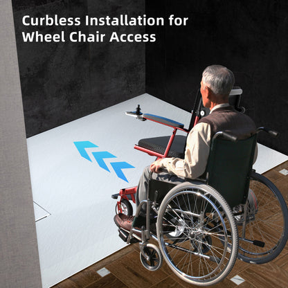 WOODBRIDGE 47.25 in L x 31.5 in W Zero Threshold End Drain Shower Base with Reversible Drain Placement, Matching Decorative Drain Plate and Tile Flange, Wheel Chair Access, Low Profile