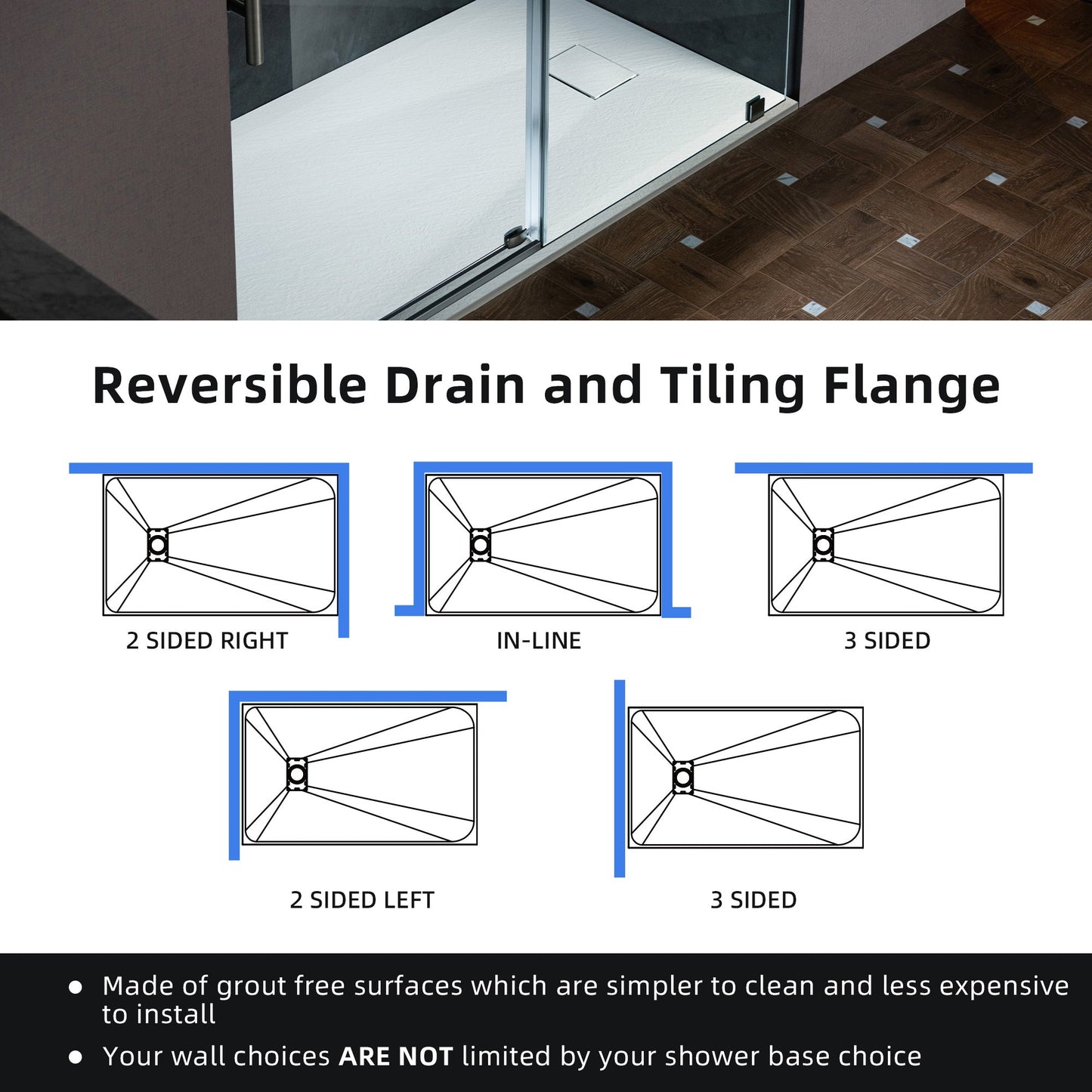 WOODBRIDGE 47.25 in L x 31.5 in W Zero Threshold End Drain Shower Base with Reversible Drain Placement, Matching Decorative Drain Plate and Tile Flange, Wheel Chair Access, Low Profile