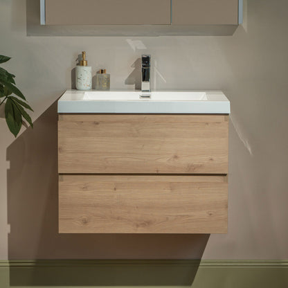 WOODBRIDGE 23-5/8 in. W x 19-5/8 in. D Wall Mounted Floating Vanity in Natural Oak with Resin Composite Vanity Top in Glossy White