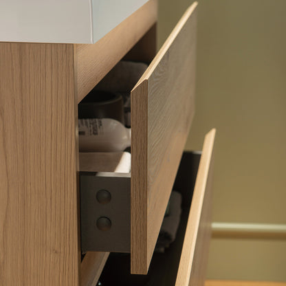 WOODBRIDGE 23-5/8 in. W x 19-5/8 in. D Wall Mounted Floating Vanity in Natural Oak with Resin Composite Vanity Top in Glossy White