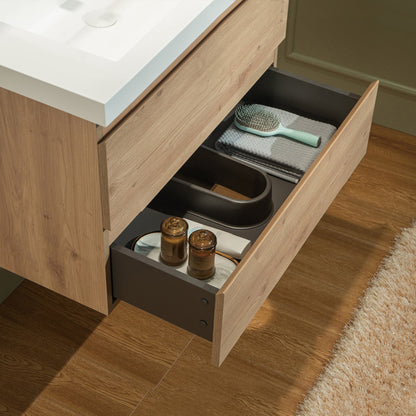 WOODBRIDGE 23-5/8 in. W x 19-5/8 in. D Wall Mounted Floating Vanity in Natural Oak with Resin Composite Vanity Top in Glossy White