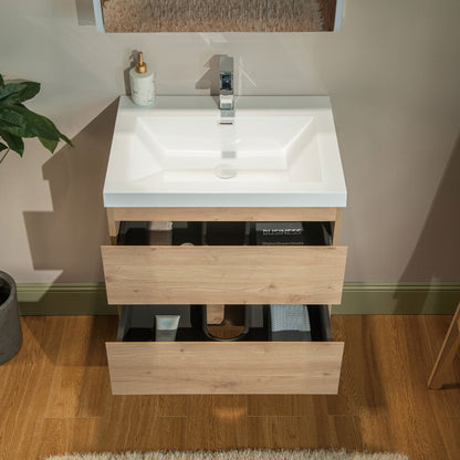 WOODBRIDGE 23-5/8 in. W x 19-5/8 in. D Wall Mounted Floating Vanity in Natural Oak with Resin Composite Vanity Top in Glossy White