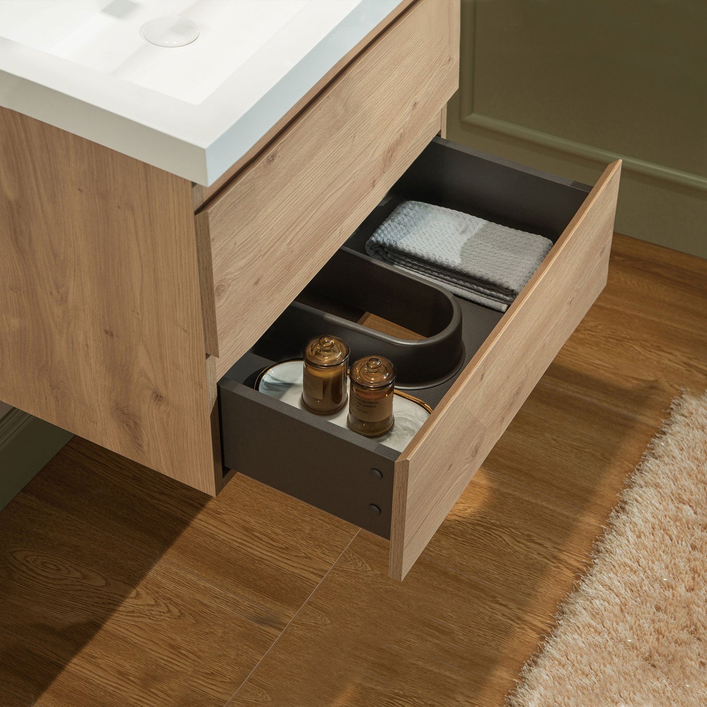 WOODBRIDGE 23-5/8 in. W x 19-5/8 in. D Wall Mounted Floating Vanity in Natural Oak with Resin Composite Vanity Top in Glossy White