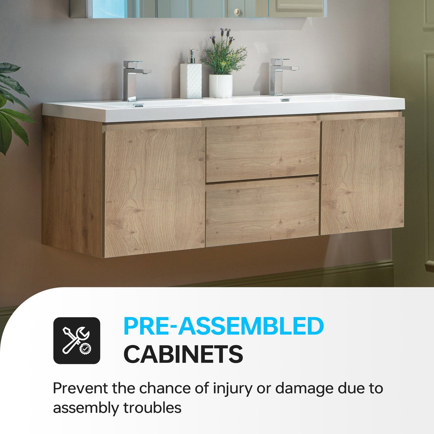 WOODBRIDGE 23-5/8 in. W x 19-5/8 in. D Wall Mounted Floating Vanity in Natural Oak with Resin Composite Vanity Top in Glossy White