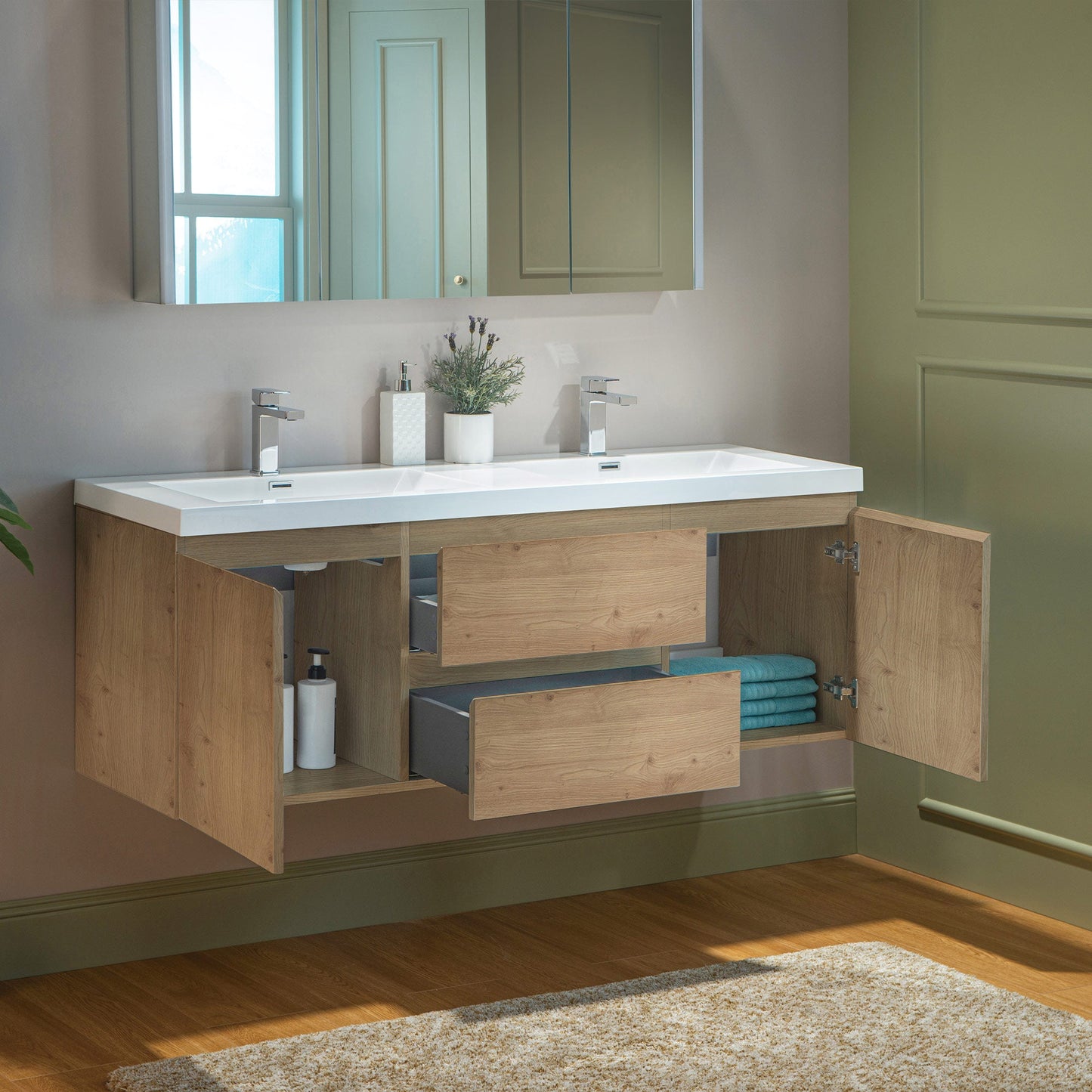 WOODBRIDGE 23-5/8 in. W x 19-5/8 in. D Wall Mounted Floating Vanity in Natural Oak with Resin Composite Vanity Top in Glossy White
