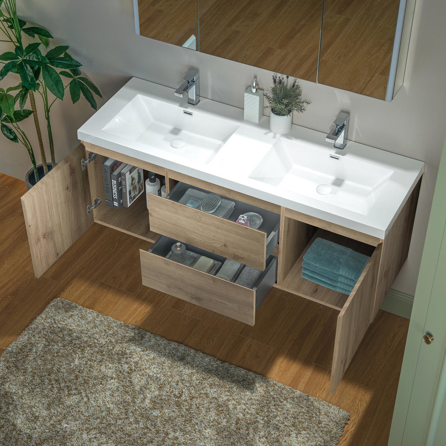 WOODBRIDGE 23-5/8 in. W x 19-5/8 in. D Wall Mounted Floating Vanity in Natural Oak with Resin Composite Vanity Top in Glossy White