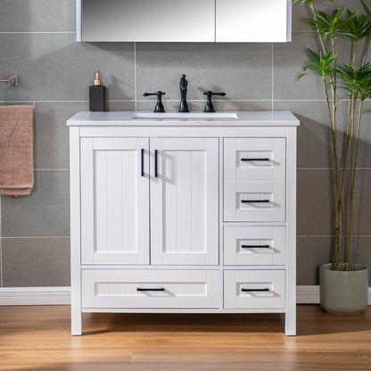 WOODBRIDGE 35-7/8" Floor Mounted Freestanding Single Basin Vanity Set with Rubberwood Cabinet and Stone Vanity Top with Pre-installed Undermount Rectangle Bathroom Sink, Pre-Drilled 3-hole for 8-inch Widespread Faucet, DOVER-36-WH