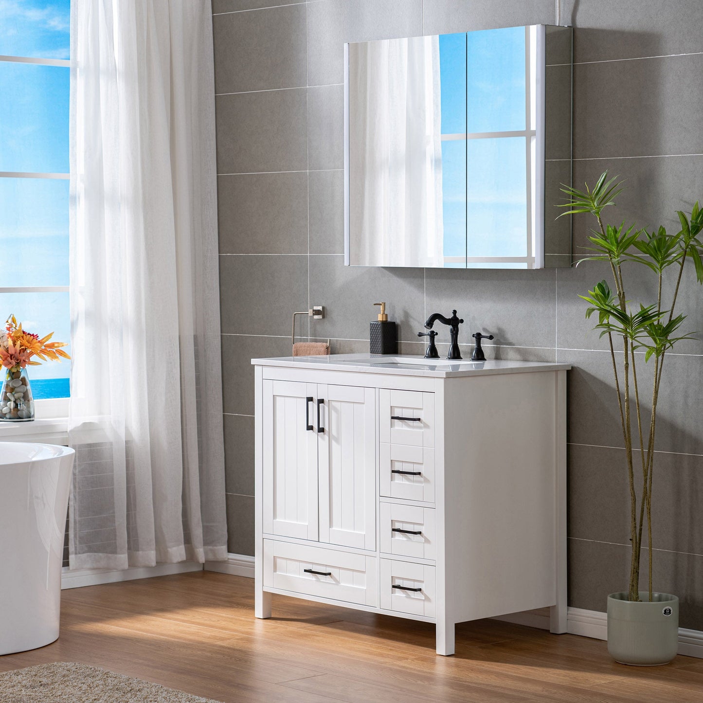 WOODBRIDGE 35-7/8" Floor Mounted Freestanding Single Basin Vanity Set with Rubberwood Cabinet and Stone Vanity Top with Pre-installed Undermount Rectangle Bathroom Sink, Pre-Drilled 3-hole for 8-inch Widespread Faucet, DOVER-36-WH
