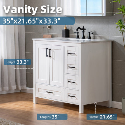 WOODBRIDGE 35-7/8" Floor Mounted Freestanding Single Basin Vanity Set with Rubberwood Cabinet and Stone Vanity Top with Pre-installed Undermount Rectangle Bathroom Sink, Pre-Drilled 3-hole for 8-inch Widespread Faucet, DOVER-36-WH