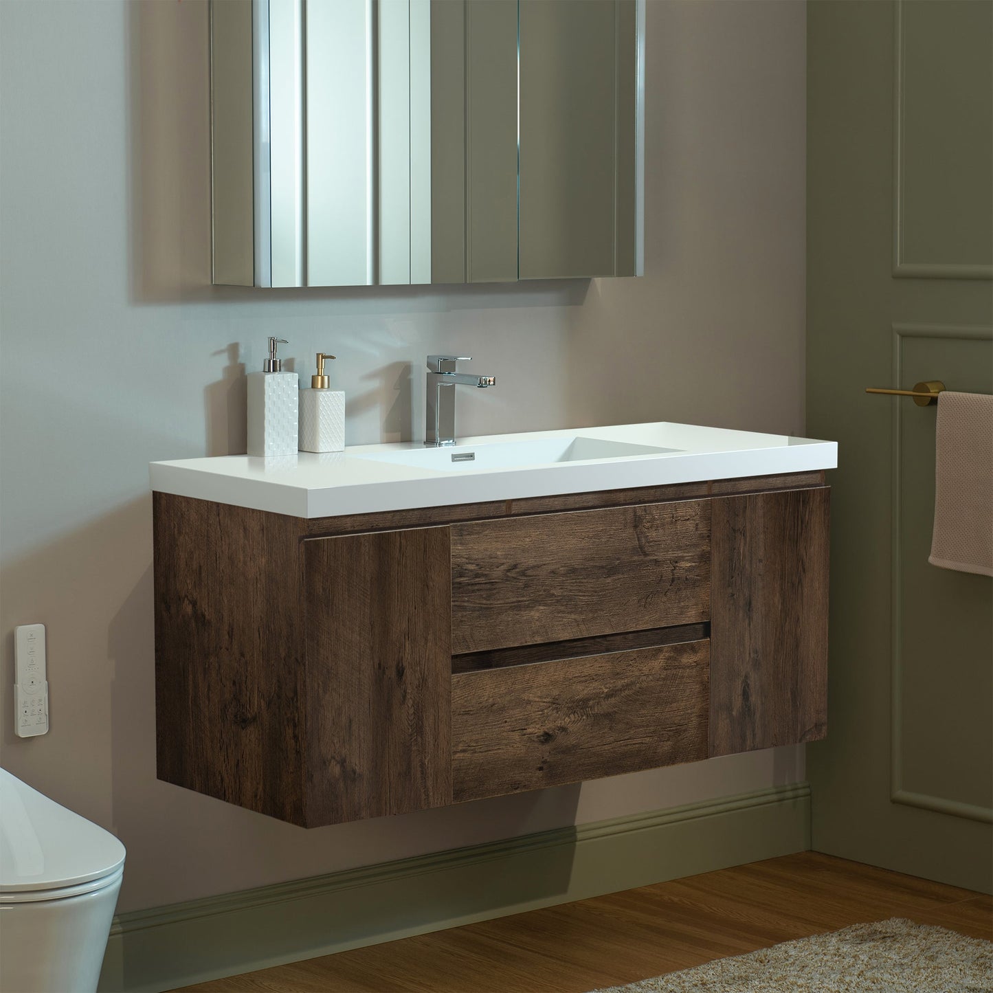 WOODBRIDGE 23-5/8 in. W x 19-5/8 in. D Wall Mounted Floating Vanity in Rose Wood with Resin Composite Vanity Top in Glossy White
