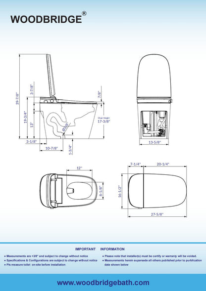 WOODBRIDGE Smart Bidet Toilet,1.28 GPF Dual Flush, Auto Open & Close, Auto Flush, Foot Sensor,1000 Gram MaP Flushing Score, Movement Drying, Heated Seat, ADA Chair Height Design and Cleaning Foam Dispenser