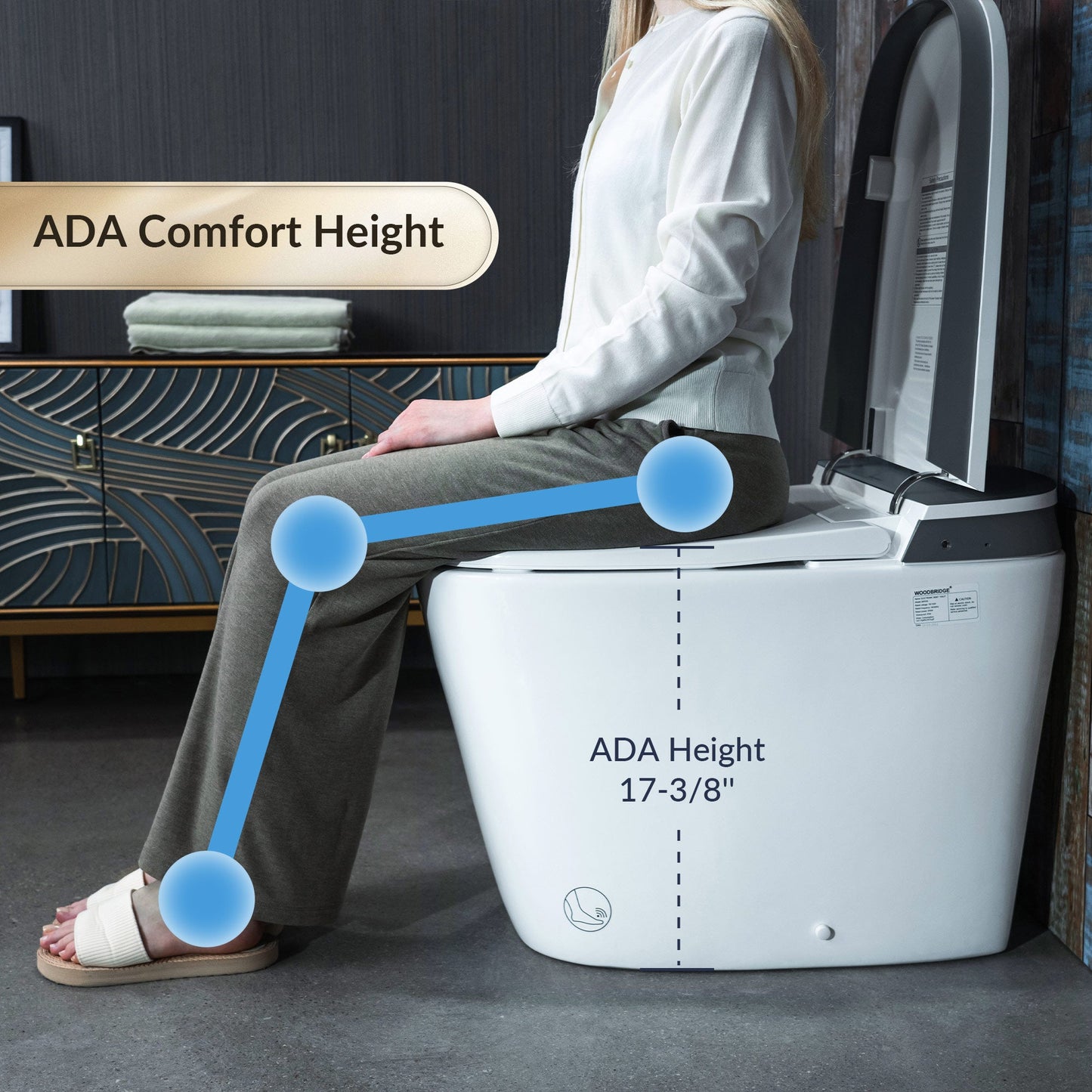 WOODBRIDGE Smart Bidet Toilet,1.28 GPF Dual Flush, Auto Open & Close, Auto Flush, Foot Sensor,1000 Gram MaP Flushing Score, Movement Drying, Heated Seat, ADA Chair Height Design and Cleaning Foam Dispenser