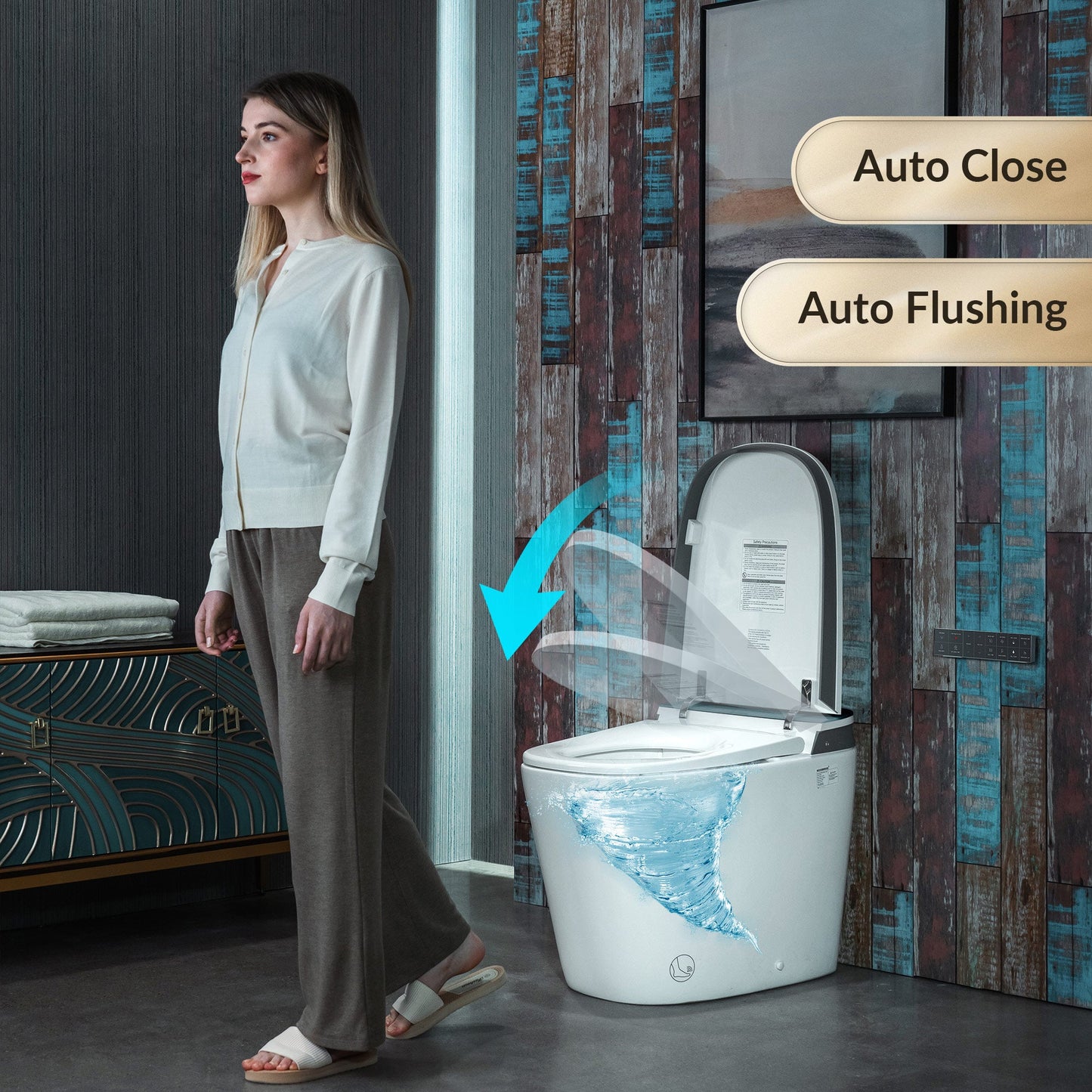 WOODBRIDGE Smart Bidet Toilet,1.28 GPF Dual Flush, Auto Open & Close, Auto Flush, Foot Sensor,1000 Gram MaP Flushing Score, Movement Drying, Heated Seat, ADA Chair Height Design and Cleaning Foam Dispenser
