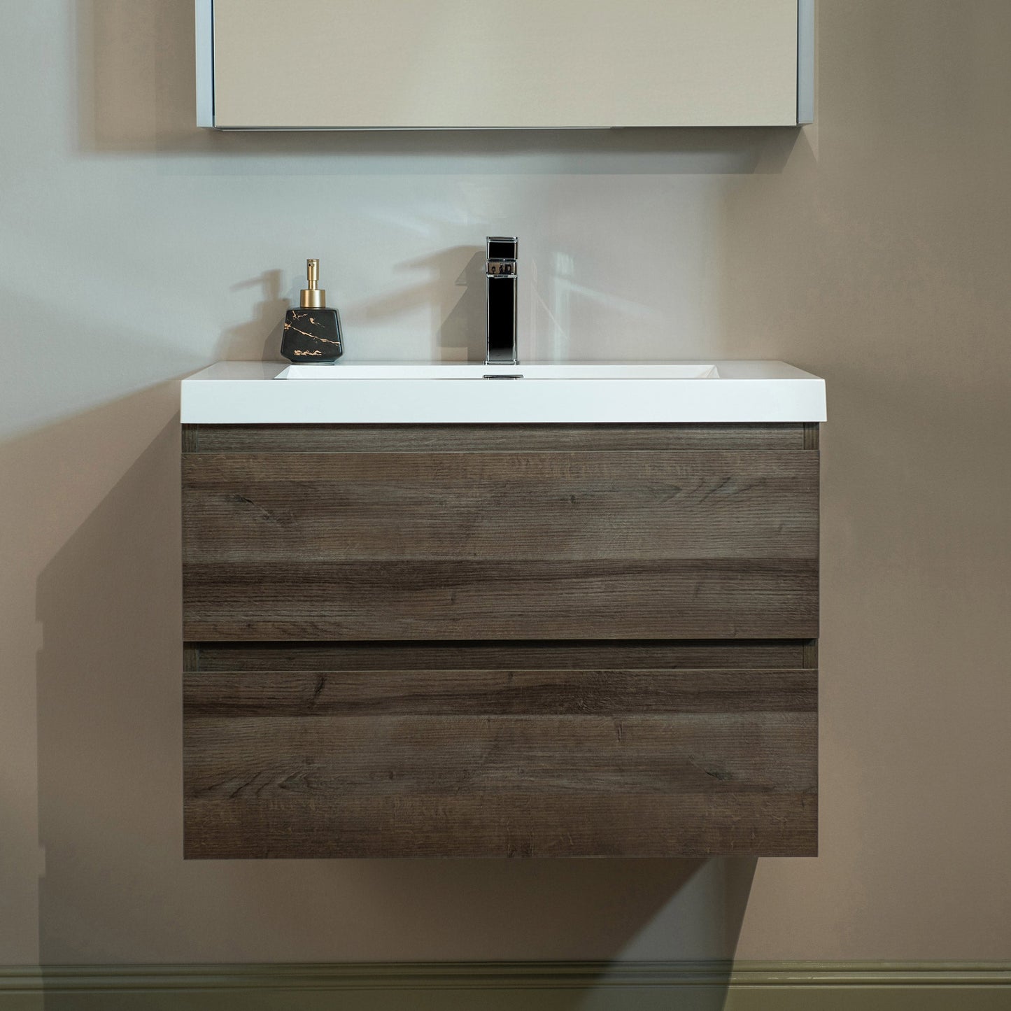 WOODBRIDGE 23-5/8 in. W x 19-5/8 in. D Wall Mounted Floating Vanity in Grey Oak with Resin Composite Vanity Top in Glossy White