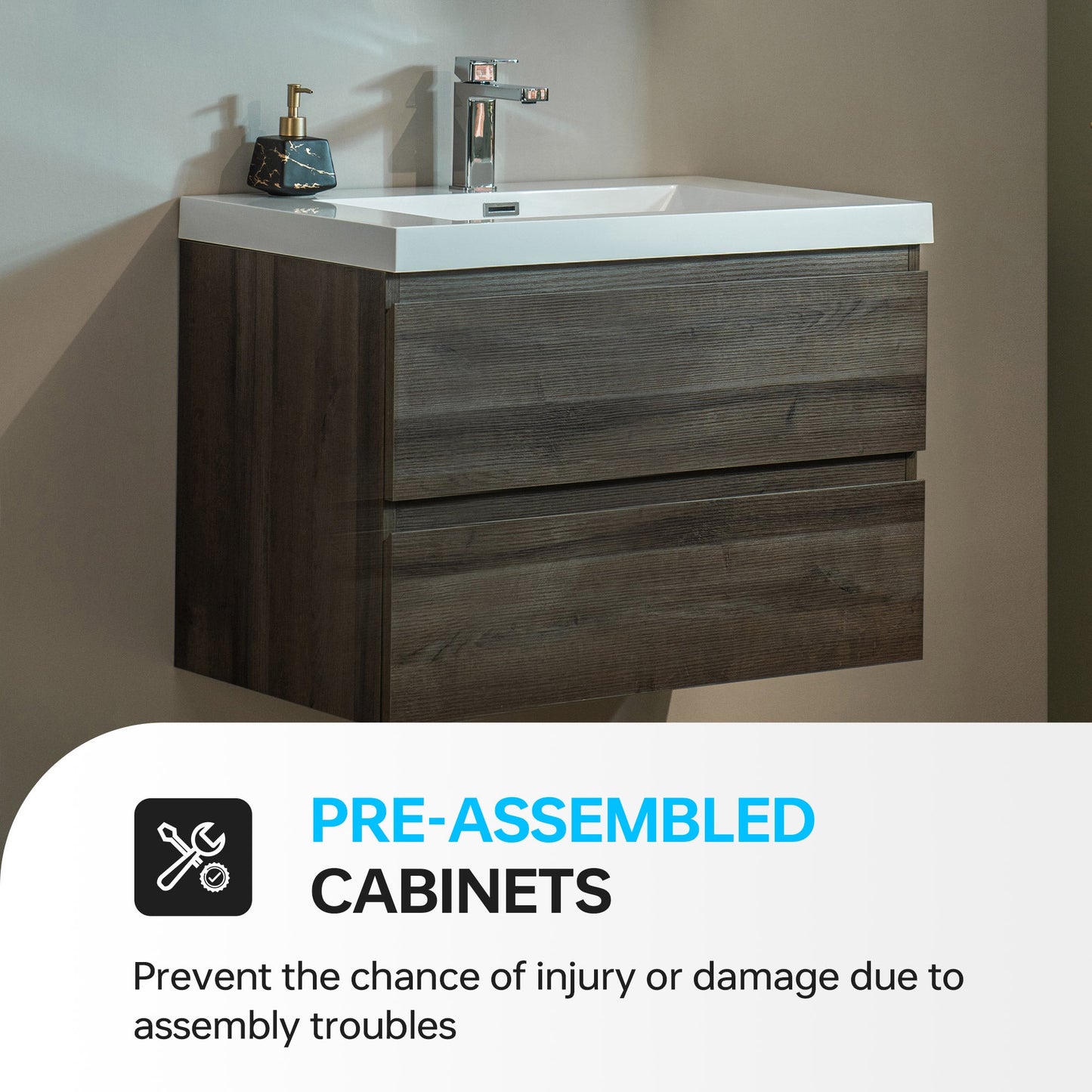 WOODBRIDGE 23-5/8 in. W x 19-5/8 in. D Wall Mounted Floating Vanity in Grey Oak with Resin Composite Vanity Top in Glossy White