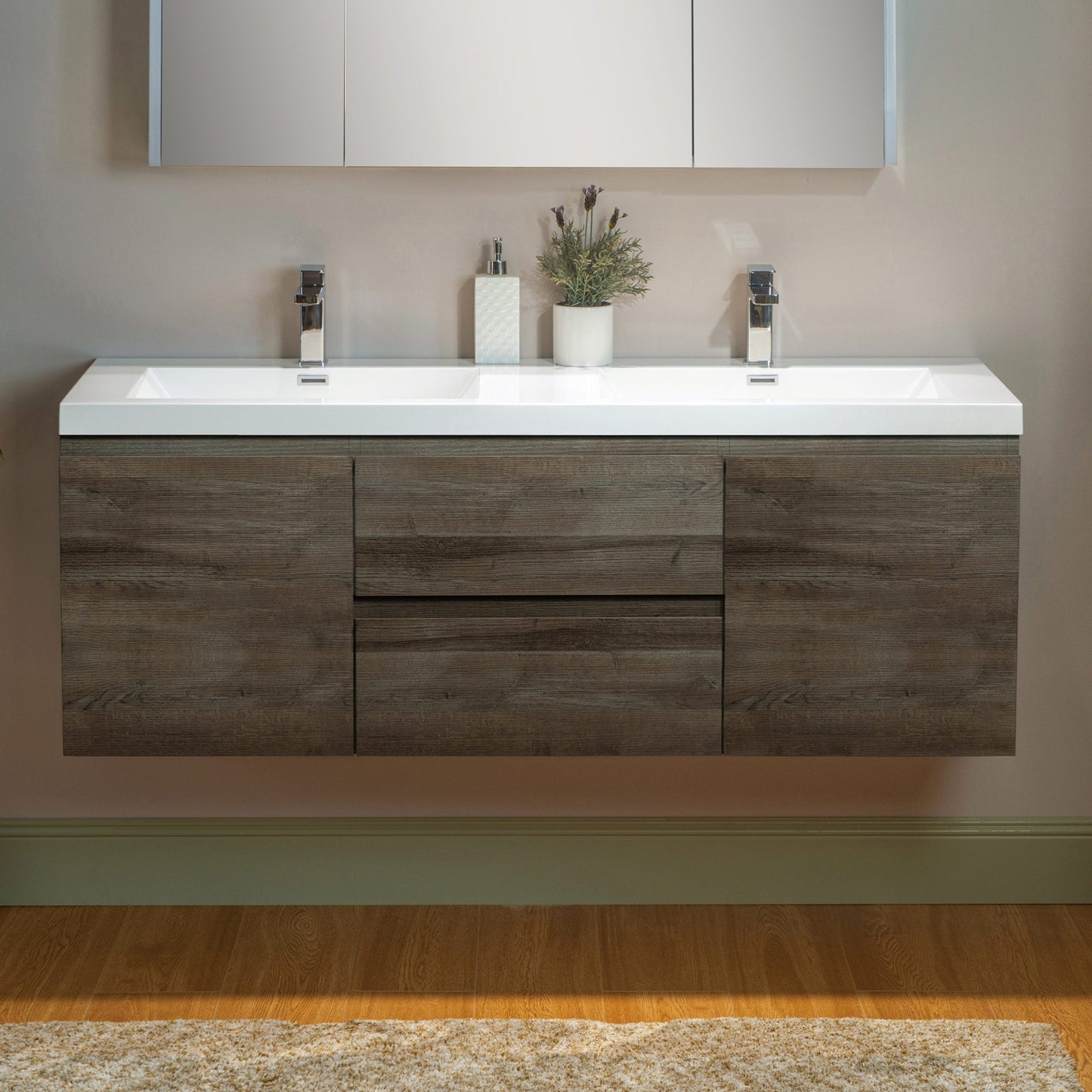 WOODBRIDGE 23-5/8 in. W x 19-5/8 in. D Wall Mounted Floating Vanity in Grey Oak with Resin Composite Vanity Top in Glossy White
