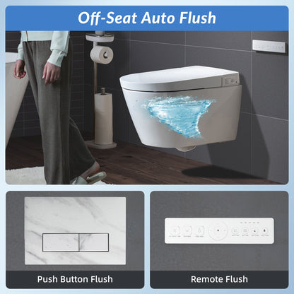 WOODBRIDGE Intelligent Compact Elongated Dual-flush wall hung toilet with Bidet Wash Function, Heated Seat & Dryer. Matching Concealed Tank system and White Marble Stone Slim Flush Plates Included.LT611 + SWHT611+FP611-WH