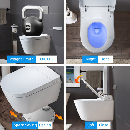 WOODBRIDGE Intelligent Compact Elongated Dual-flush wall hung toilet with Bidet Wash Function, Heated Seat & Dryer. Matching Concealed Tank system and White Marble Stone Slim Flush Plates Included.LT611 + SWHT611+FP611-WH