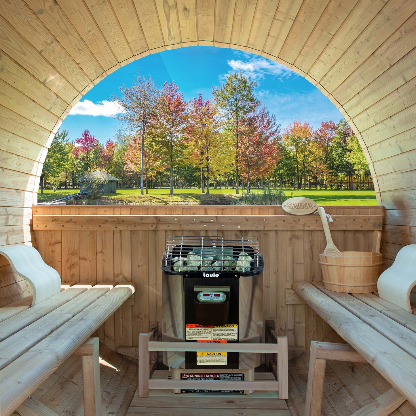WOODBRIDGE 4-Person Luxury Finland thermo Pine Outdoor Barrel Sauna with half View Window,Harvia Electric Heater with Sauna Stone, Sauna accessories Kit and Asphalt Shingle Roof, 4'x6'