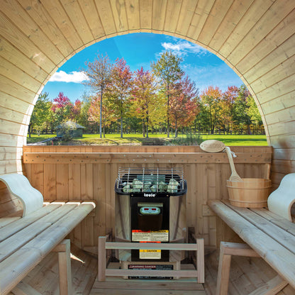 WOODBRIDGE 4-Person Luxury Finland thermo Pine Outdoor Barrel Sauna with half View Window,Harvia Electric Heater with Sauna Stone, Sauna accessories Kit and Asphalt Shingle Roof, 4'x6'