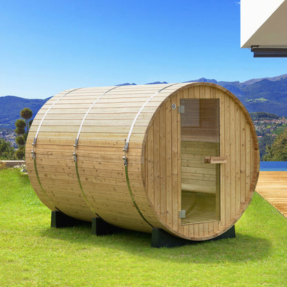 WOODBRIDGE 4-Person Luxury Finland thermo Pine Outdoor Barrel Sauna with half View Window,Harvia Electric Heater with Sauna Stone, Sauna accessories Kit and Asphalt Shingle Roof, 4'x6'