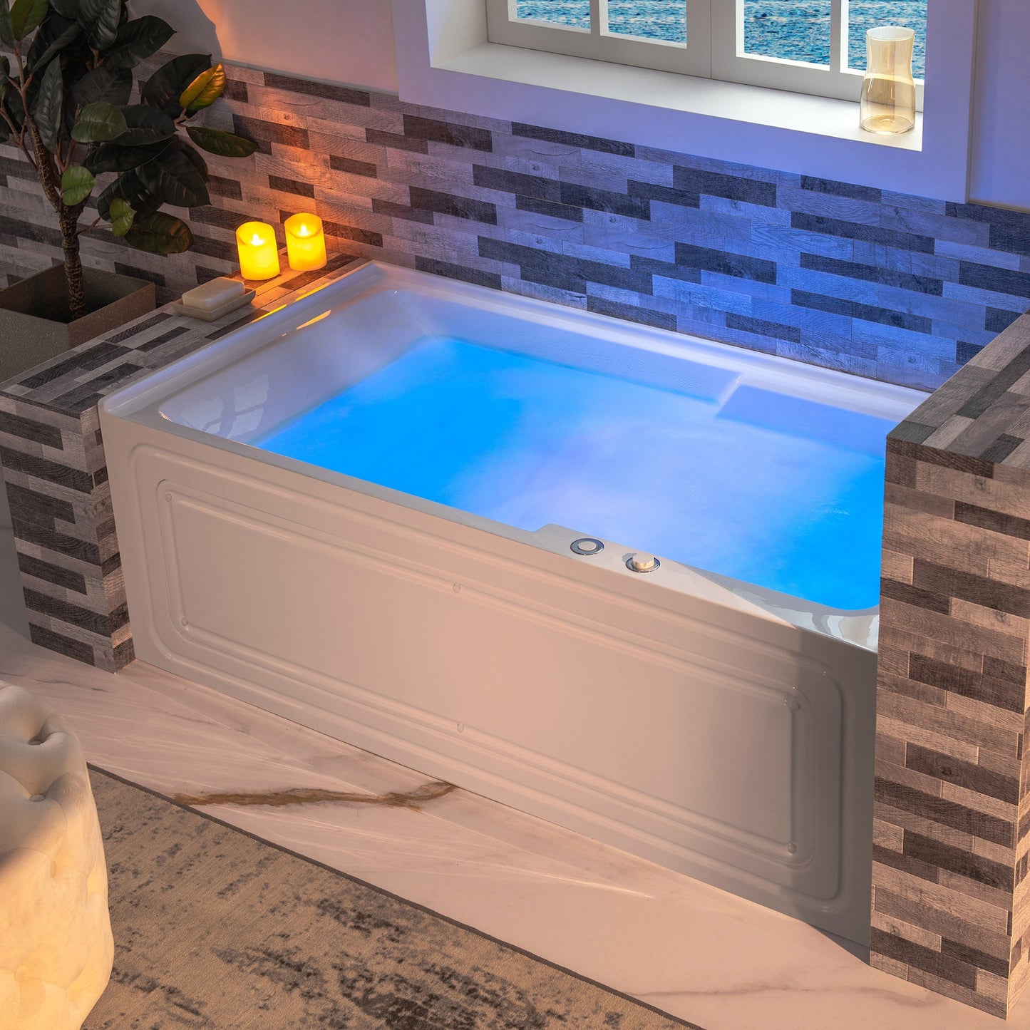 WOODBRIDGE 60" Alcove Acrylic Rectangular Whirlpool Heated Jetted Tub in White with Right Drain