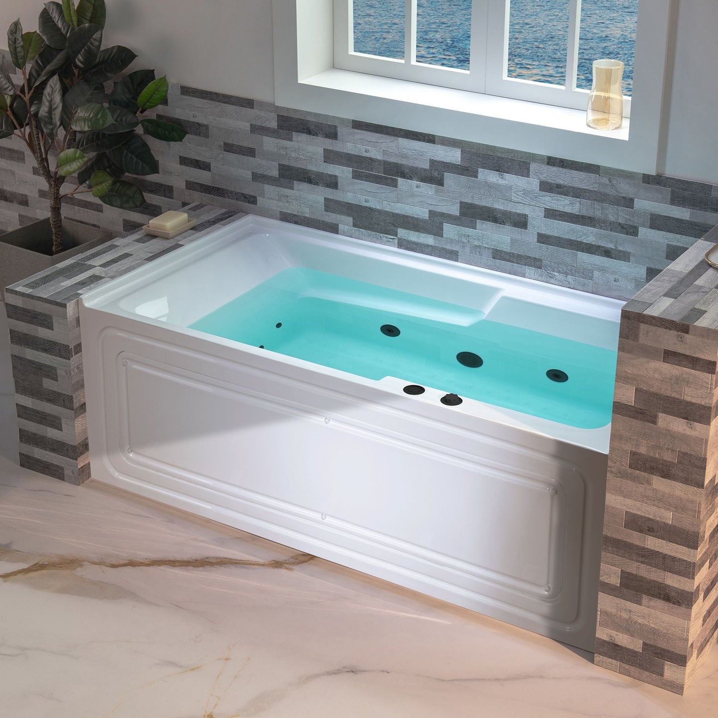 WOODBRIDGE 60" Alcove Acrylic Rectangular Whirlpool Heated Jetted Tub in White with Right Drain,