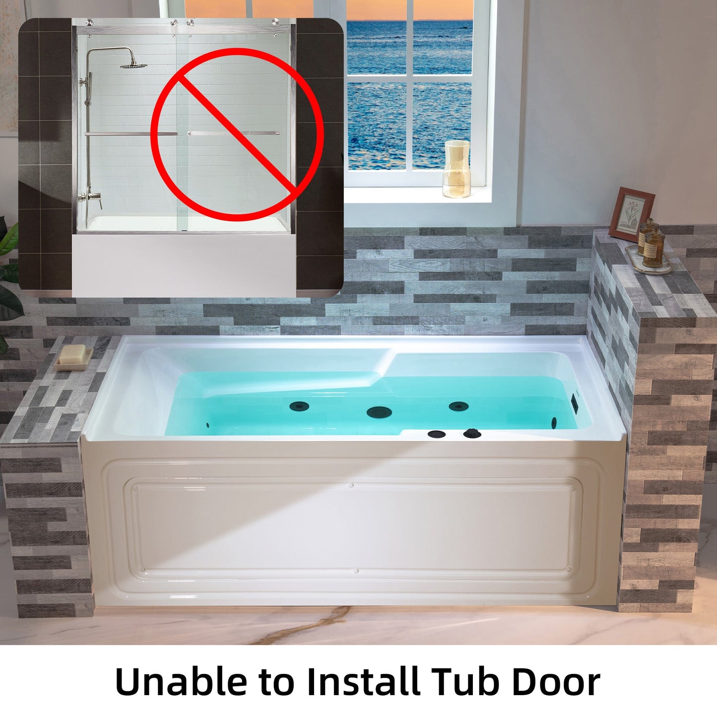 WOODBRIDGE 60" Alcove Acrylic Rectangular Whirlpool Heated Jetted Tub in White with Right Drain,