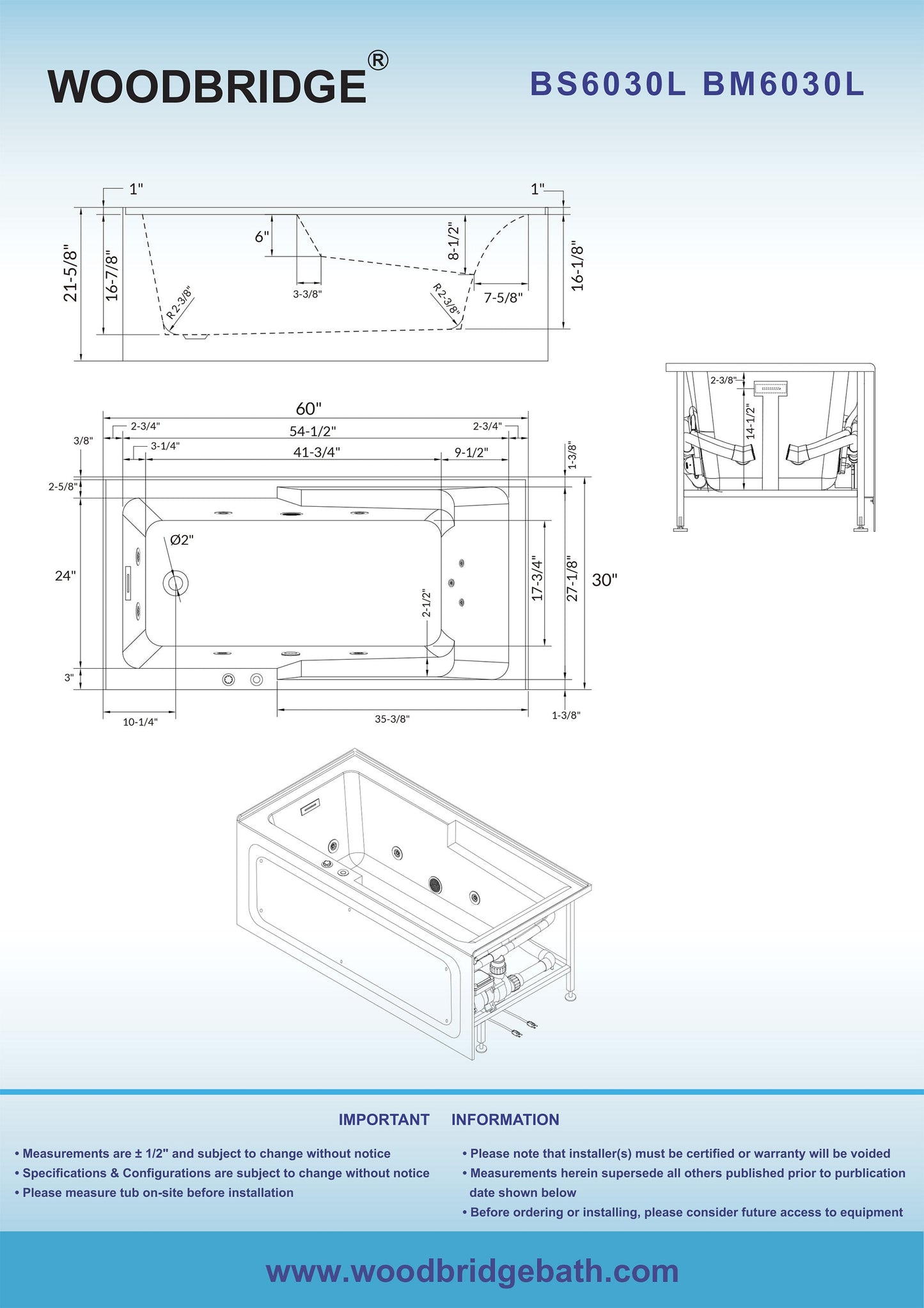 WOODBRIDGE 60" Alcove Acrylic Rectangular Whirlpool Heated Jetted Tub in White with Left Drain