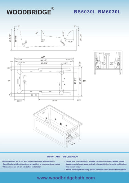 WOODBRIDGE 60" Alcove Acrylic Rectangular Whirlpool Heated Jetted Tub in White with Left Drain