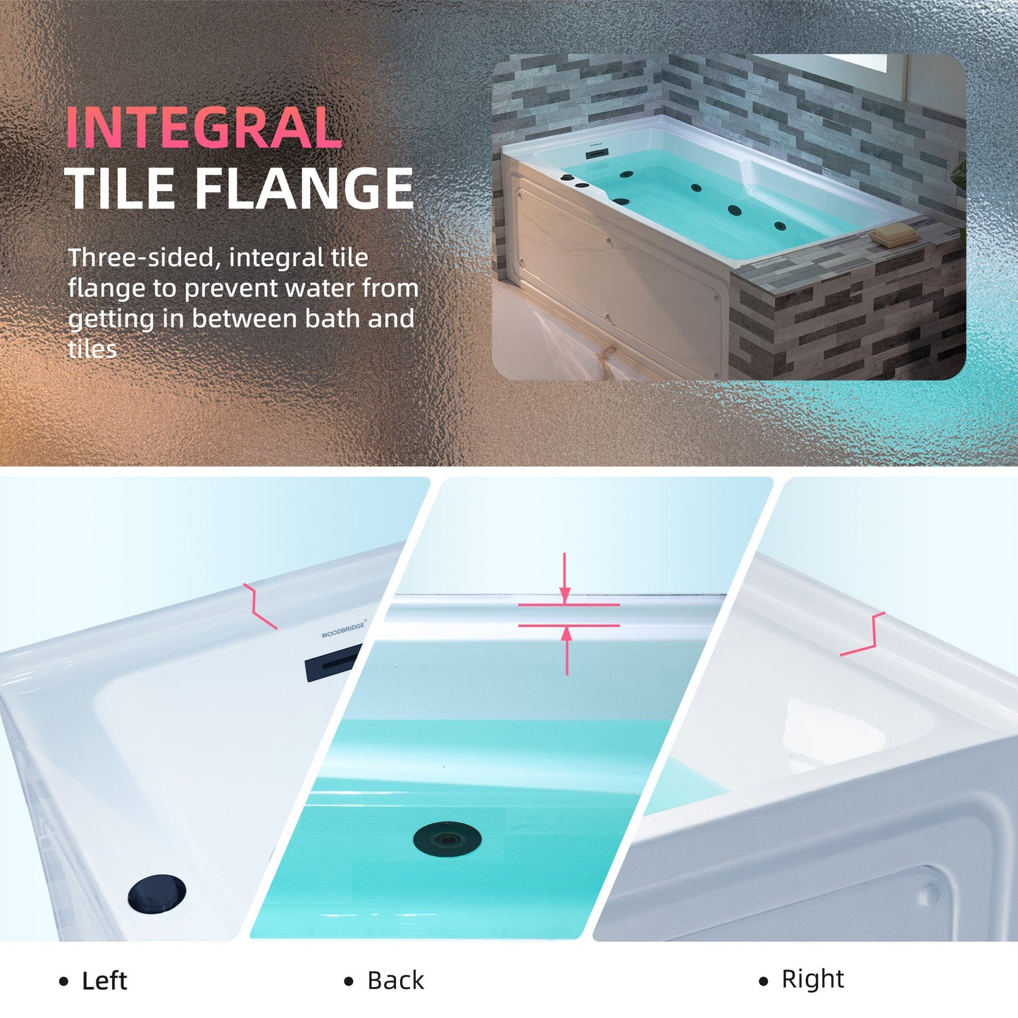 WOODBRIDGE 60" Alcove Acrylic Rectangular Whirlpool Heated Jetted Tub in White with Left Drain