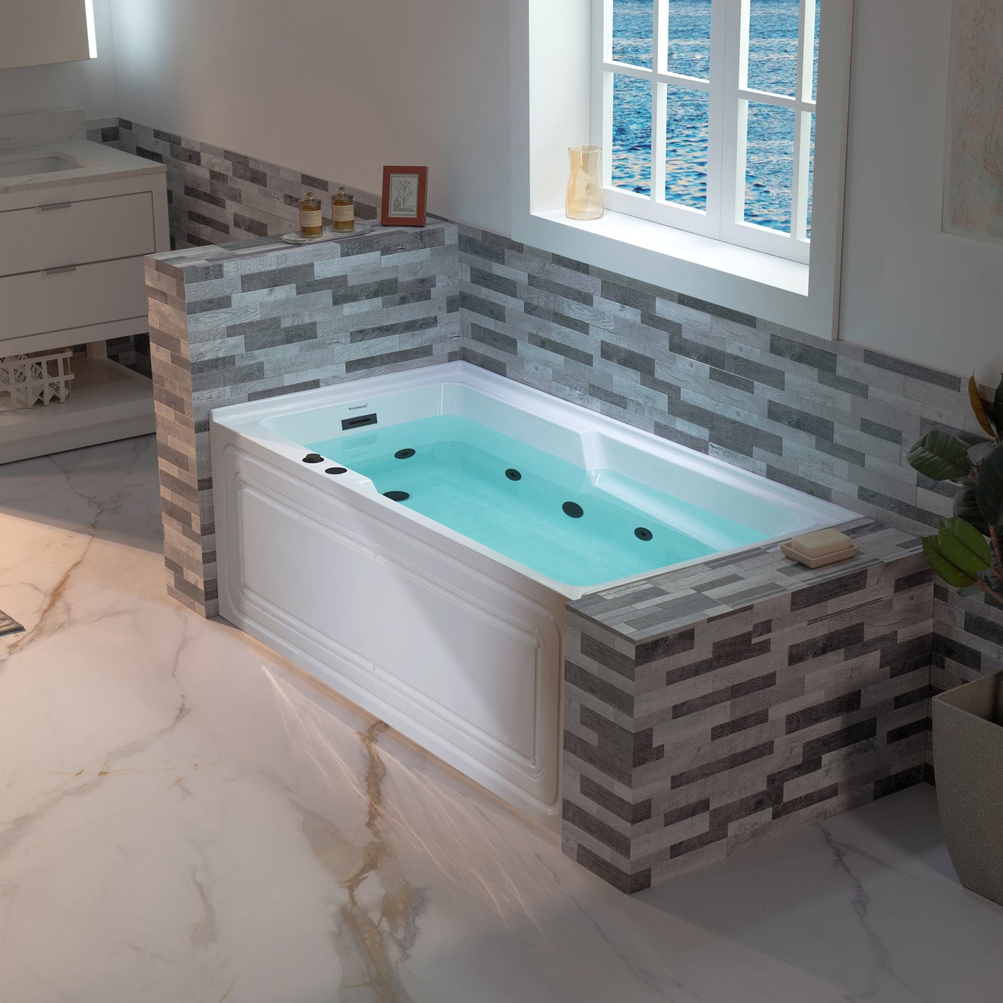 WOODBRIDGE 60" Alcove Acrylic Rectangular Whirlpool Heated Jetted Tub in White with Left Drain