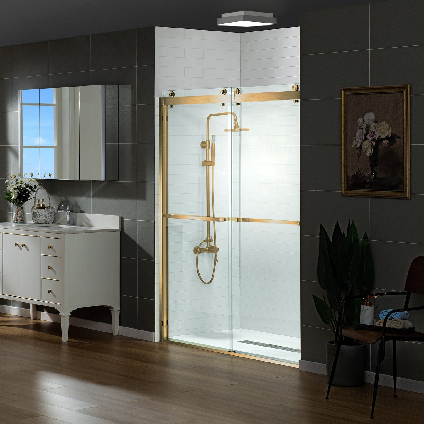 WOODBRIDGE Frameless Shower Doors 56-60" Width x 76"Height with 3/8"(10mm) Clear Tempered Glass, 2 Ways Opening & Double Sliding