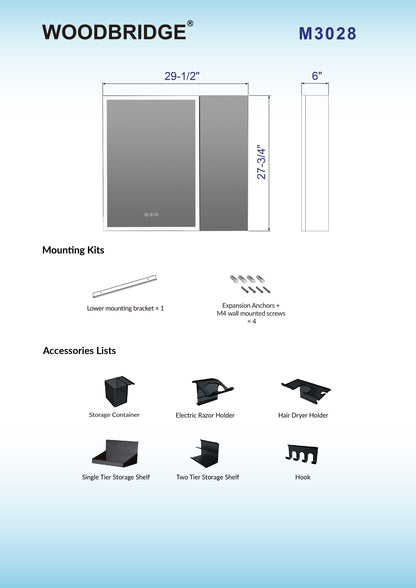 WOODBRIDGE Modern 19.75" W x 27.75" H Smart Storage Medicine Cabinet with Anti-Fog Mirror, LED Lighting, and Compact Design