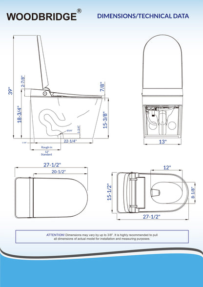 Best Seller WOODBRIDGE B0990S One Piece Elongated Smart Toilet Bidet with Auto Open & Close, Auto Flush, Foot Sensor Flush, LED Temperature Display, Heated Seat and Integrated Multi Function Remote Control, White