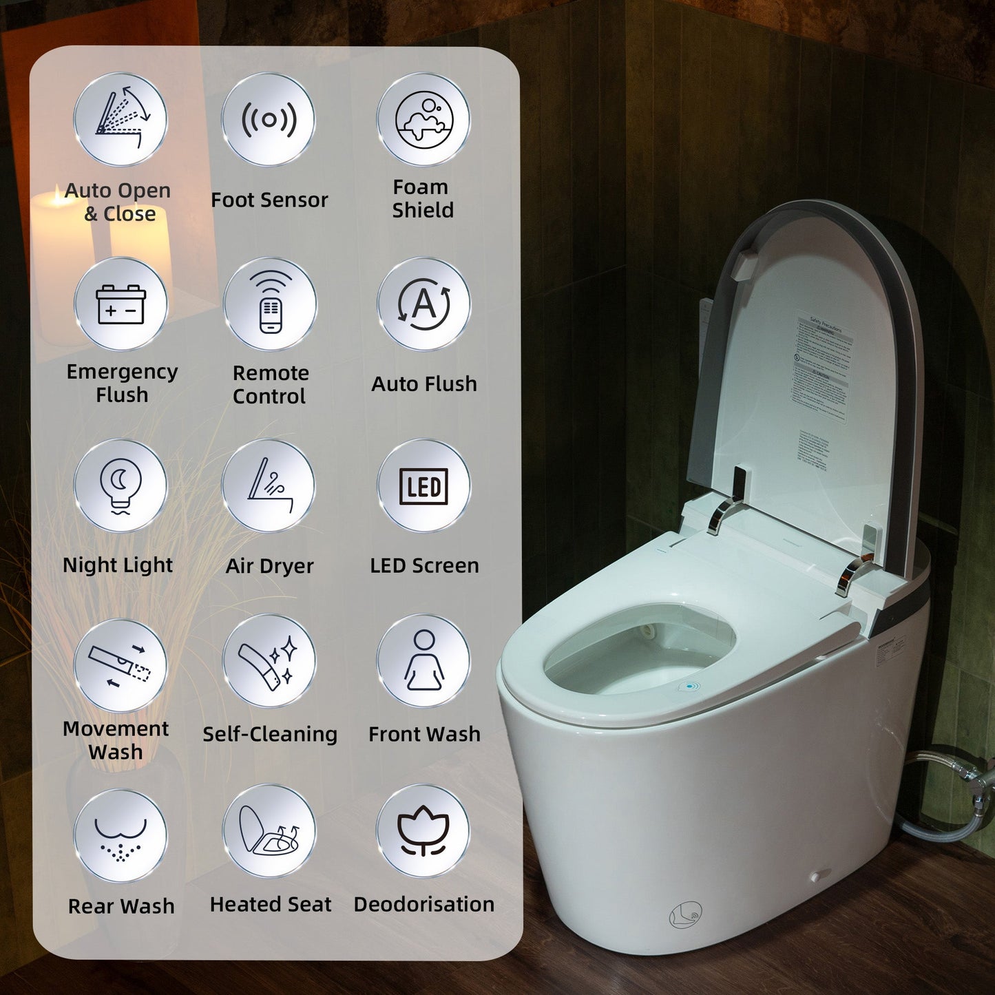 WOODBRIDGE Smart Bidet Toilet with Auto Open/Close, Foot Sensor, Automatic Flush, Foam Shield, Heated Seat, and ADA-Compliant Chair Height Design - Model, EBT350