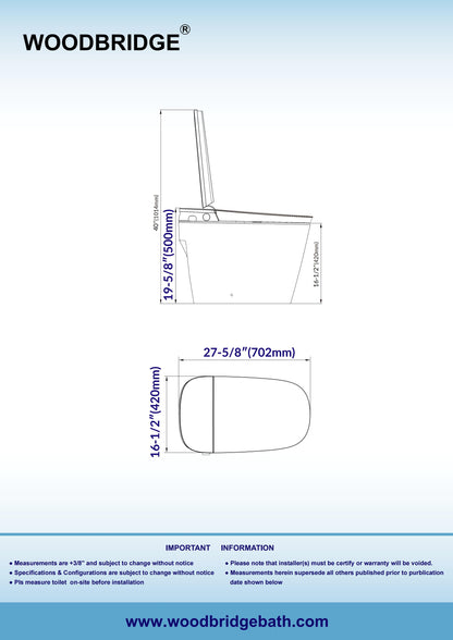 WOODBRIDGE Smart Bidet Toilet with Auto Open/Close, Foot Sensor, Automatic Flush, Foam Shield, Heated Seat, and ADA-Compliant Chair Height Design - Model, EBT350
