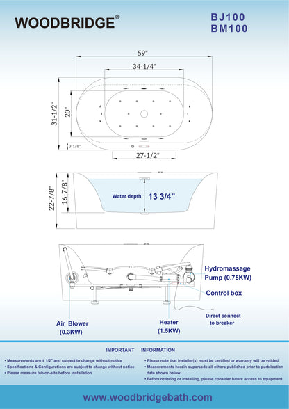 WOODBRIDGE 59" x 31-1/2" Whirlpool Water Jetted and Air Bubble Freestanding Heated Soaking Combination Bathtub with LED control panel