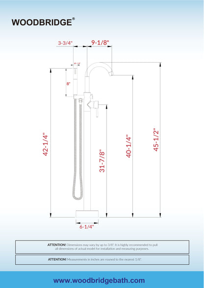 WOODBRIDGE F0023BNDR Contemporary Single Handle Floor Mount Freestanding Tub Filler Faucet with 2 Function Cylinder Style Hand Shower