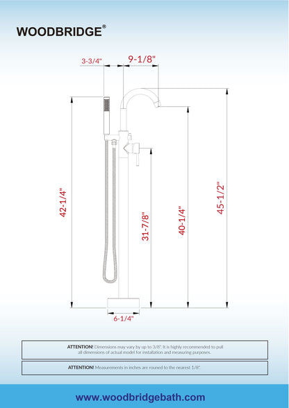 WOODBRIDGE F0023BNRD Contemporary Single Handle Floor Mount Freestanding Tub Filler Faucet with Cylinder Shape Hand shower