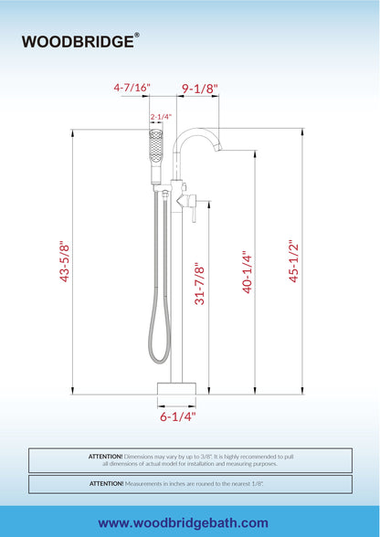WOODBRIDGE F0023BNSQ Fusion Single Handle Floor Mount Freestanding Tub Filler Faucet with Square Comfort Grip Hand Shower