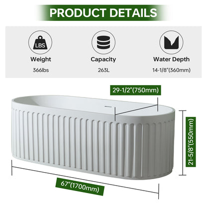 WOODBRIDGE 67" L x 29-1/2" W Luxury Contemporary Solid Surface Stone Resin Freestanding Bathtub