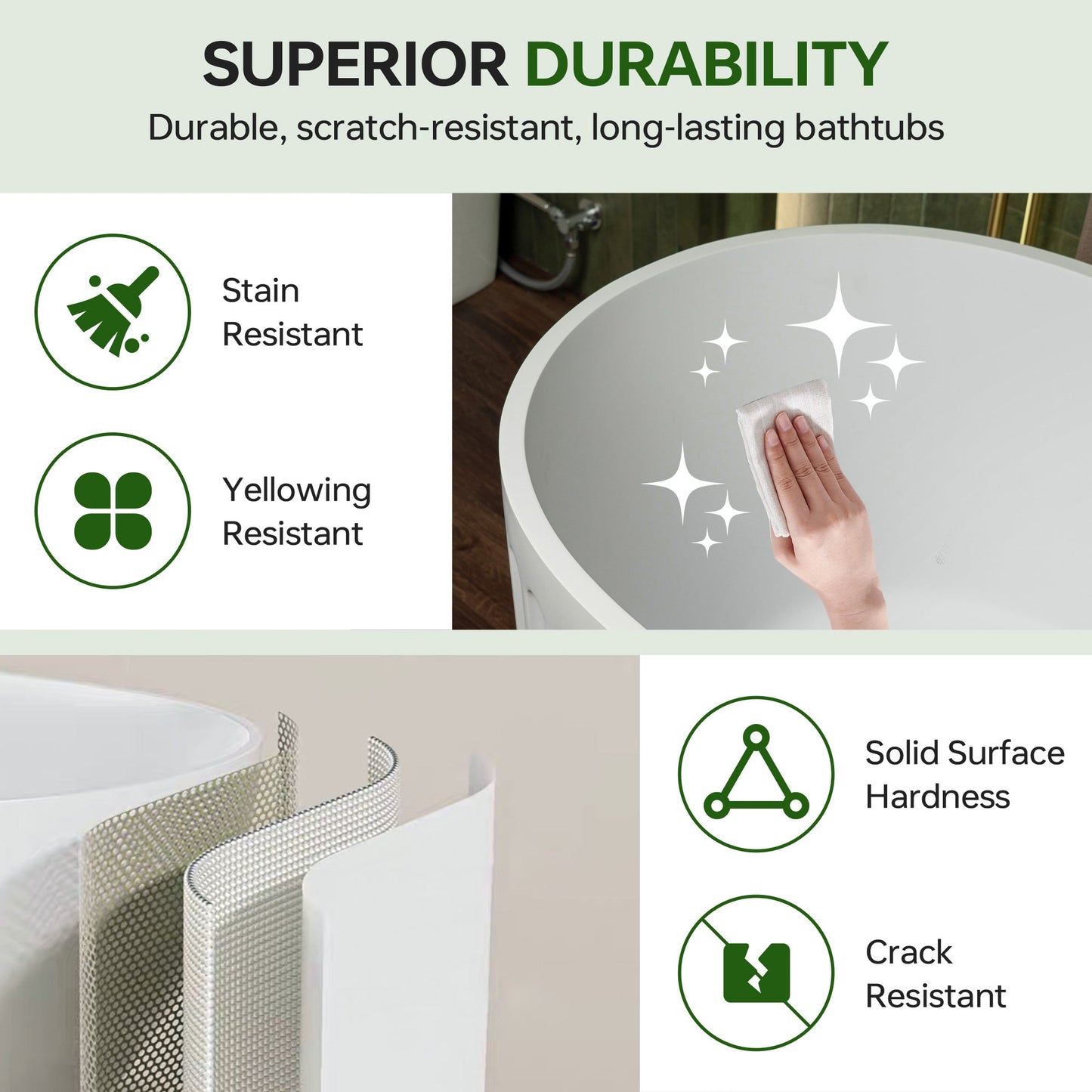 WOODBRIDGE 67" L x 29-1/2" W Luxury Contemporary Solid Surface Stone Resin Freestanding Bathtub