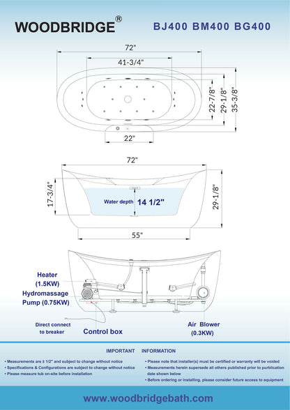 Best Seller WOODBRIDGE 72" x 35-3/8" Whirlpool Water Jetted and Air Bubble Freestanding Heated Soaking Combination Bathtub with LED control panel
