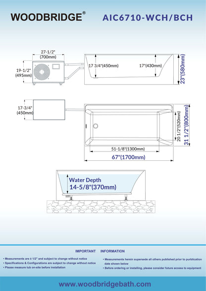 WOODBRIDGE 67" L x 31-1/2" W Freestanding Acrylic Cold Plunge Ice Tub with 1.3 HP High-Performance Chiller for Cooling/Heating, Ozone sanitation, Filter circulation system, Insulated tub cover