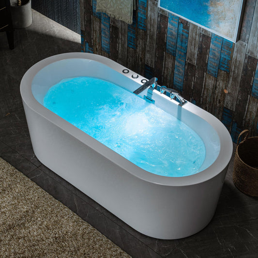 WOODBRIDGE 66-1/2" x 31-7/8" Whirlpool Water Jetted and Air Bubble Freestanding Heated Soaking Combination Bathtub with Tub Filler