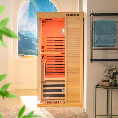 1 Person Canadian Hemlock Wood Infrared Sauna For Home With Touch-Tone Keypad, Led Color Therapy Light, Tempered Glass Door And A Top Vent
