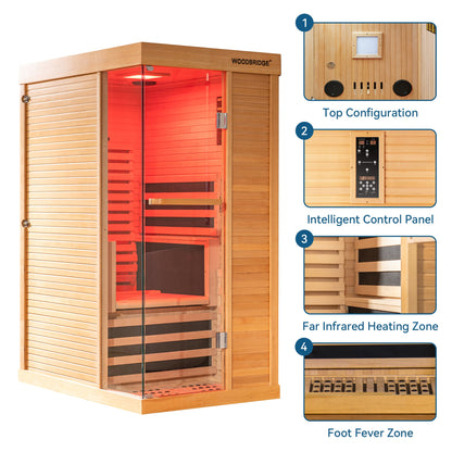 1 Person Canadian Hemlock Wood Infrared Sauna For Home With Touch-Tone Keypad, Led Color Therapy Light, Tempered Glass Door And A Top Vent